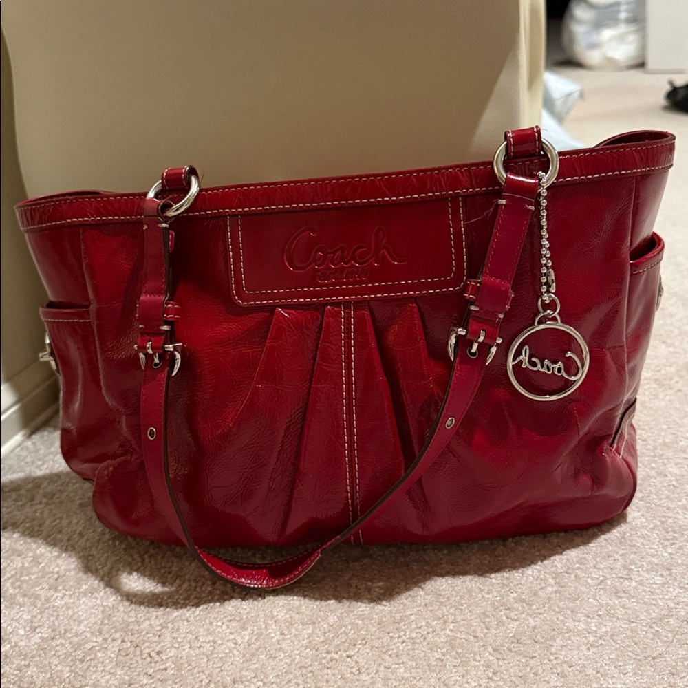 Vintage red crinkled patent leather Coach tote bag